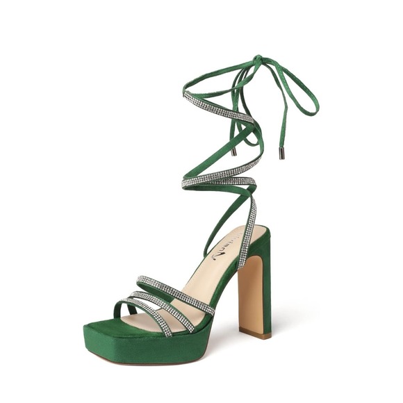 Sexy Green Sz 11 Platform 4.33" Heels Lace Up Square Toe Sandals Vivianly NWOB - Picture 1 of 14